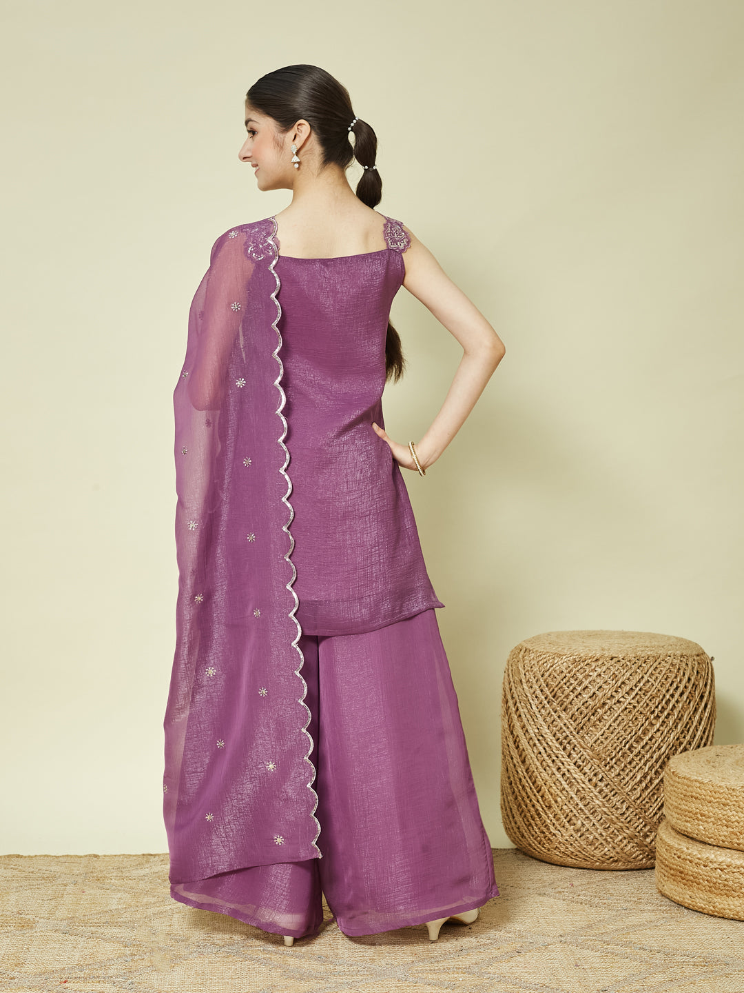 Purple Silk Embroidered Kurta Palazzo Set with Dupatta for Girls