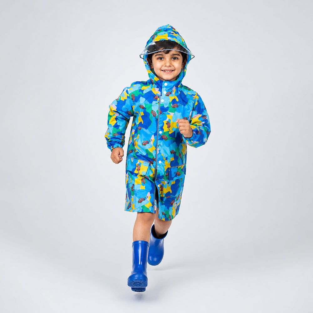 Blue Color Pop Car Print  Knee-Length Raincoat for Kids