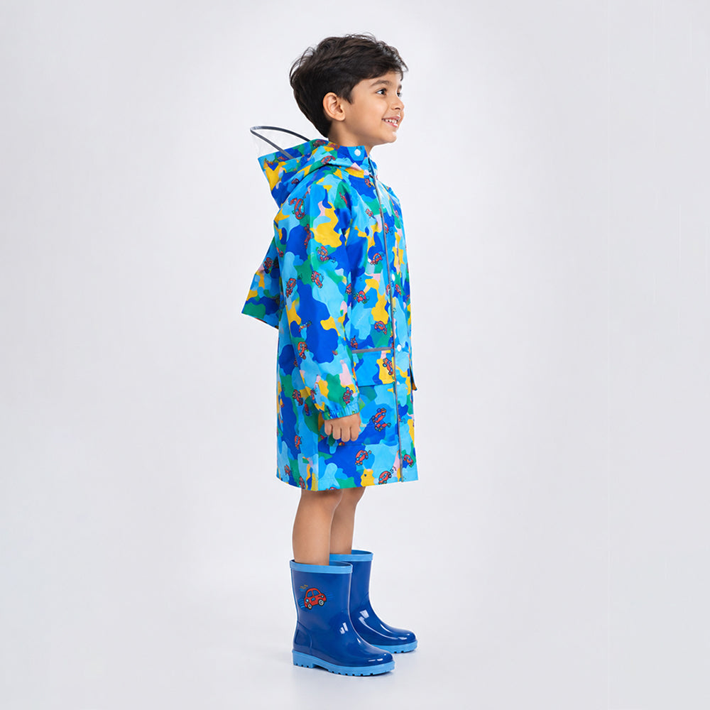 Blue Color Pop Car Print  Knee-Length Raincoat for Kids