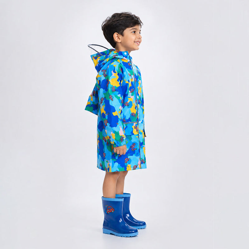 Blue Color Pop Car Print  Knee-Length Raincoat for Kids