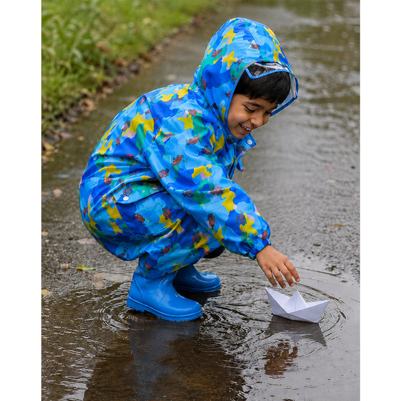 Blue Color Pop Car Print  Knee-Length Raincoat for Kids