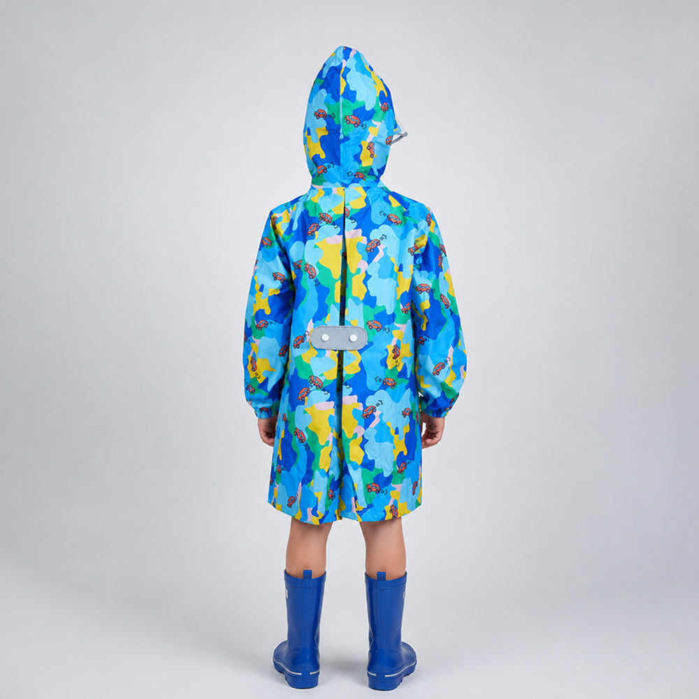 Blue Color Pop Car Print  Knee-Length Raincoat for Kids