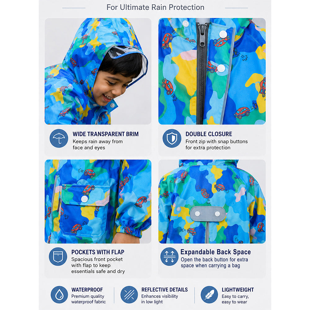 Blue Color Pop Car Print  Knee-Length Raincoat for Kids