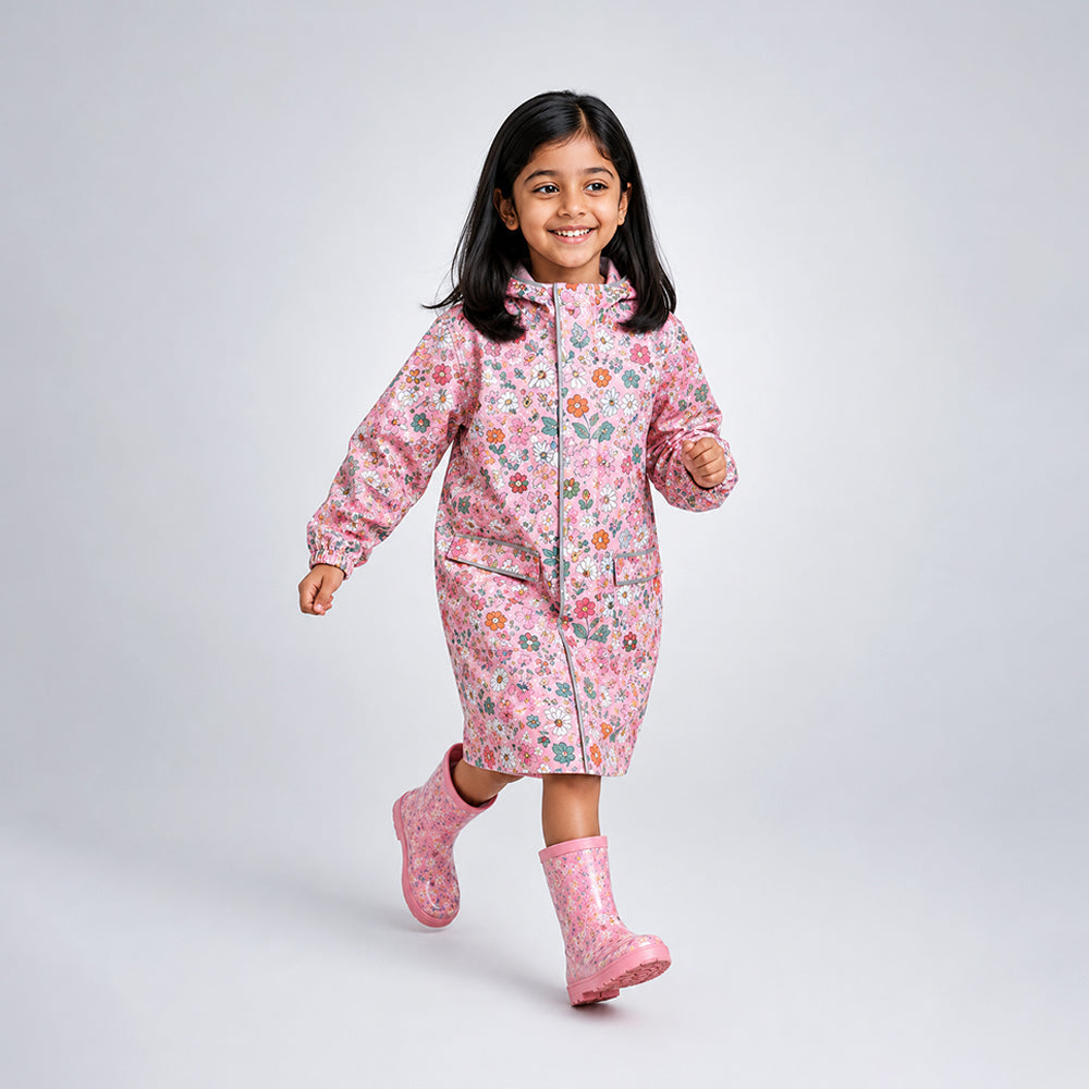 Pink Floral Garden Print Knee-Length Raincoat for Kids & Teens