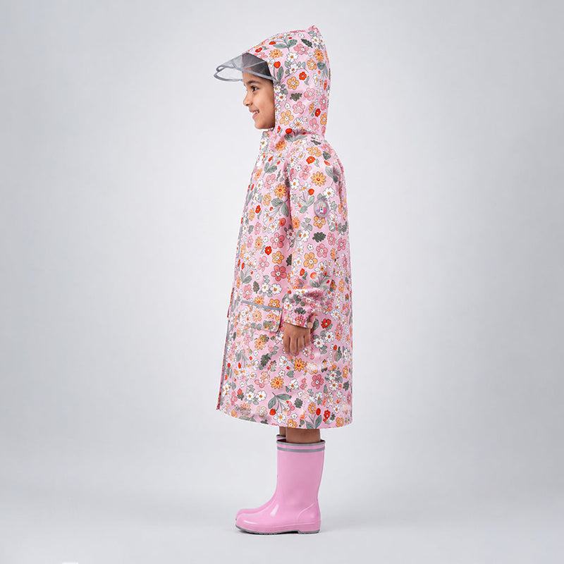 Pink Floral Garden Print Knee-Length Raincoat for Kids & Teens