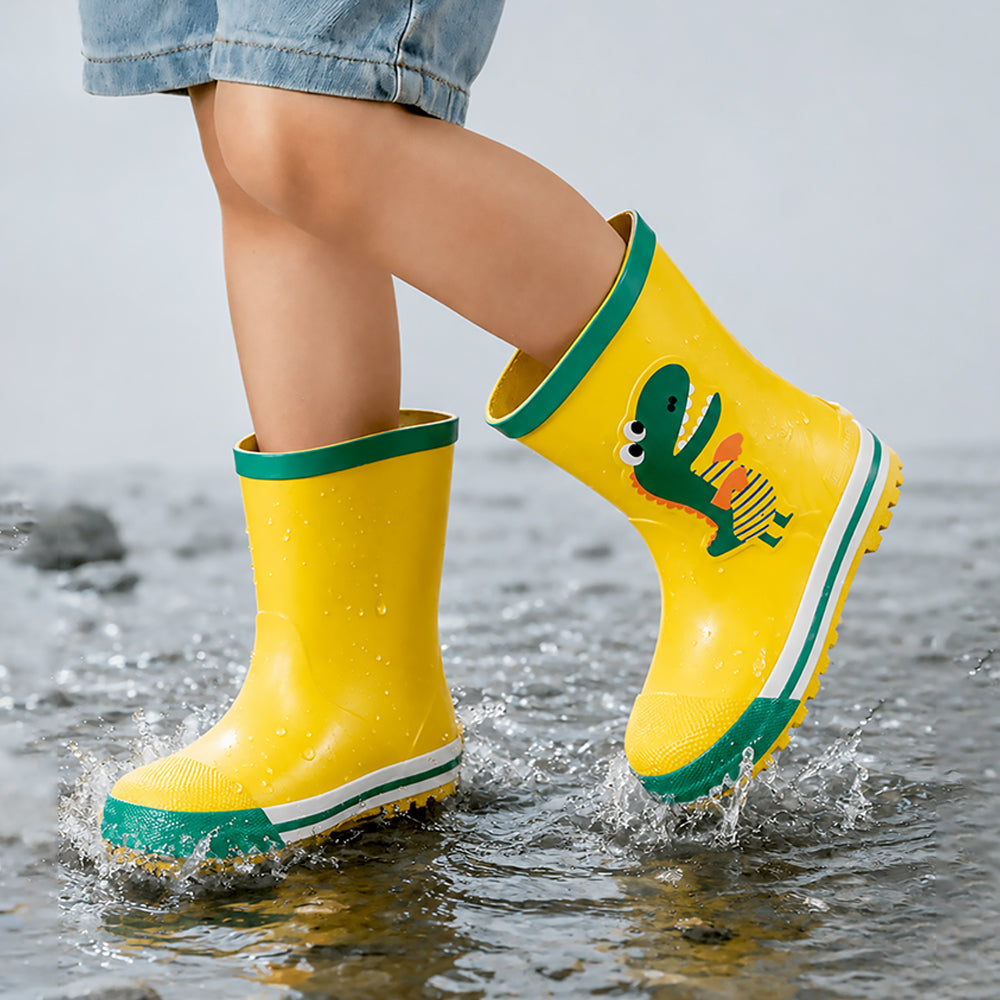 Mr. Yelosaur Stripe ,  Flexible Rubber Rain Gumboots for Toddlers and Kids