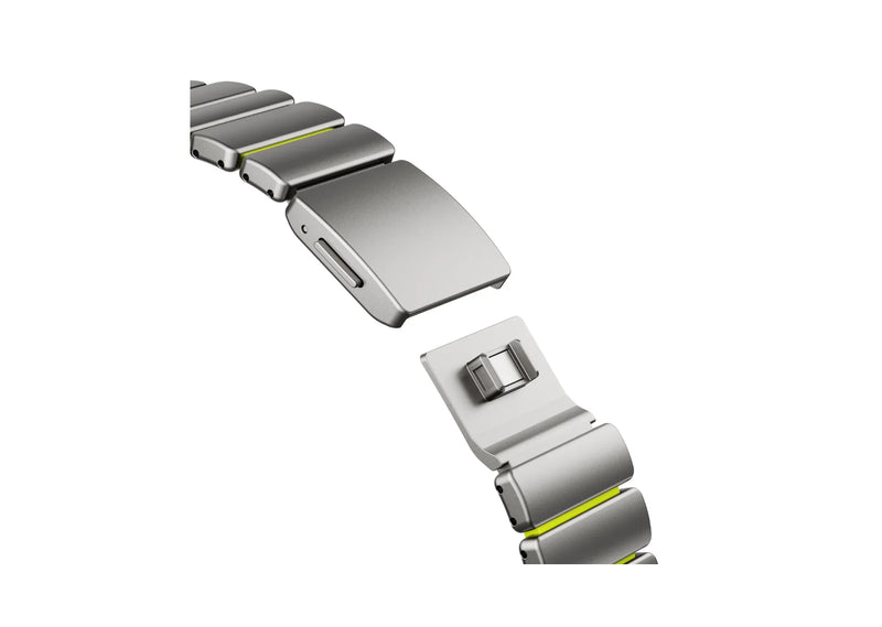 Detailed view of the premium titanium finish and soft green silicone interior of the Silver & Green Fusion Apple Watch Strap