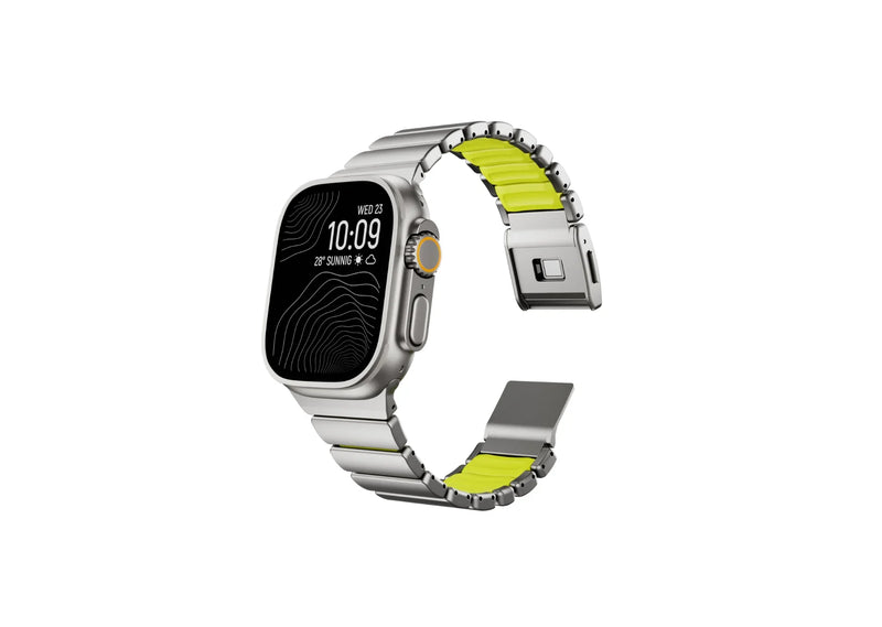 Rear view of the Silver & Green Titanium Fusion Apple Watch Strap showing breathable silicone interior and precision connectors