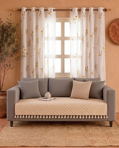Premium Printed Sheer Curtain & Quilted Sofa Cover Combo Set-1