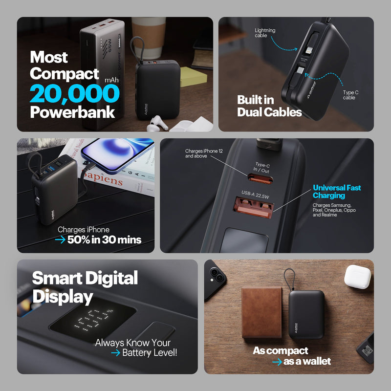 Maverick Mini 20,000mAh Powerbank with 20W Built-in Lightning & Type-C Cables