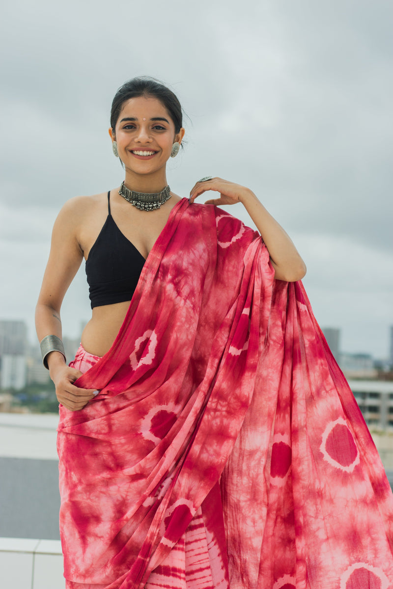 Mul Cotton Tie Dye Hand Block Printed Saree • Wine Magic-4