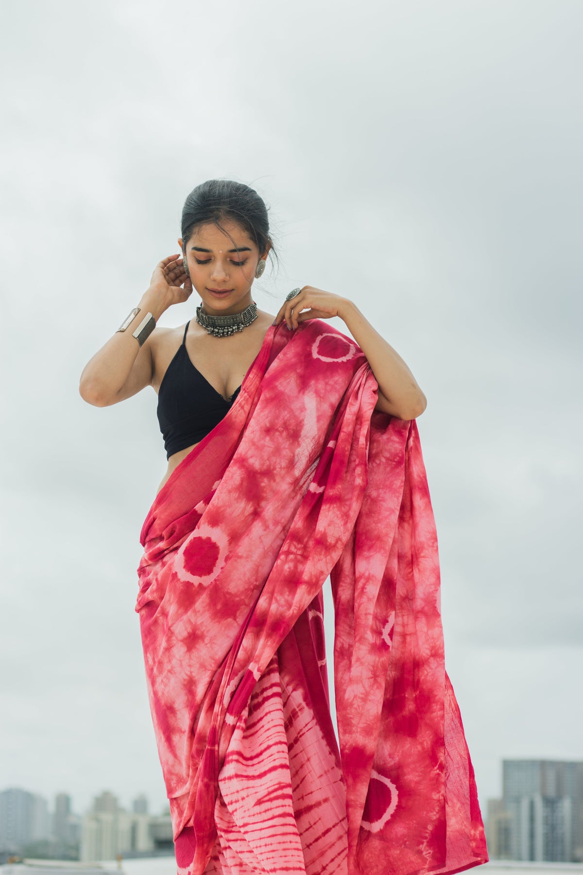 Mul Cotton Tie Dye Hand Block Printed Saree • Wine Magic-5