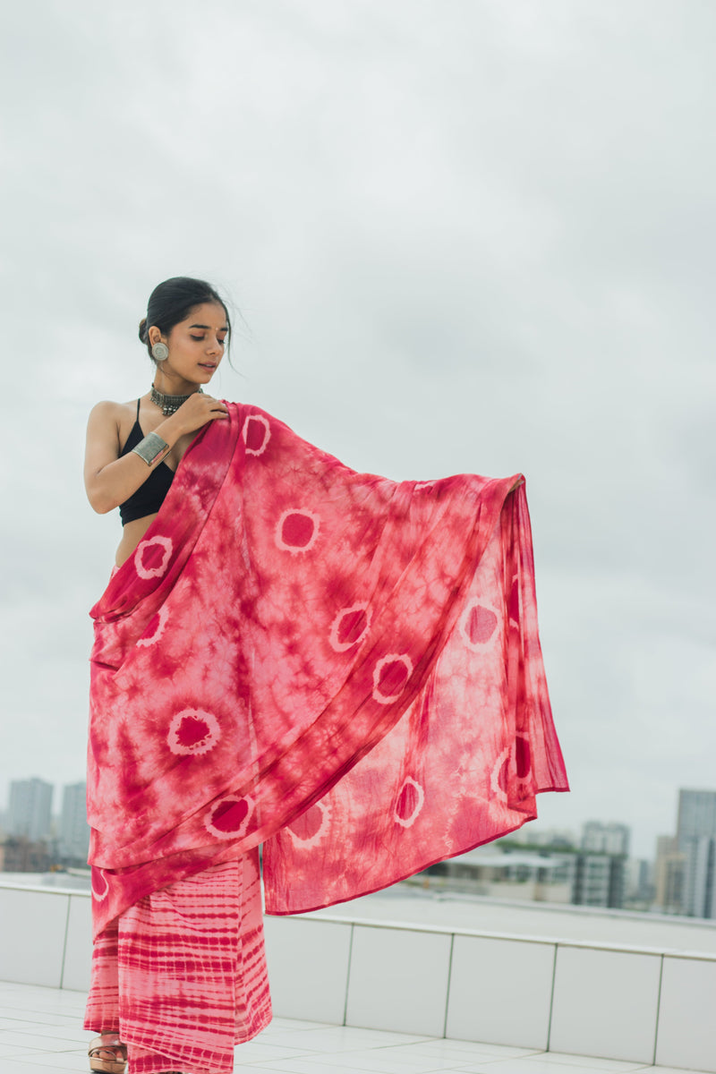 Mul Cotton Tie Dye Hand Block Printed Saree • Wine Magic-2
