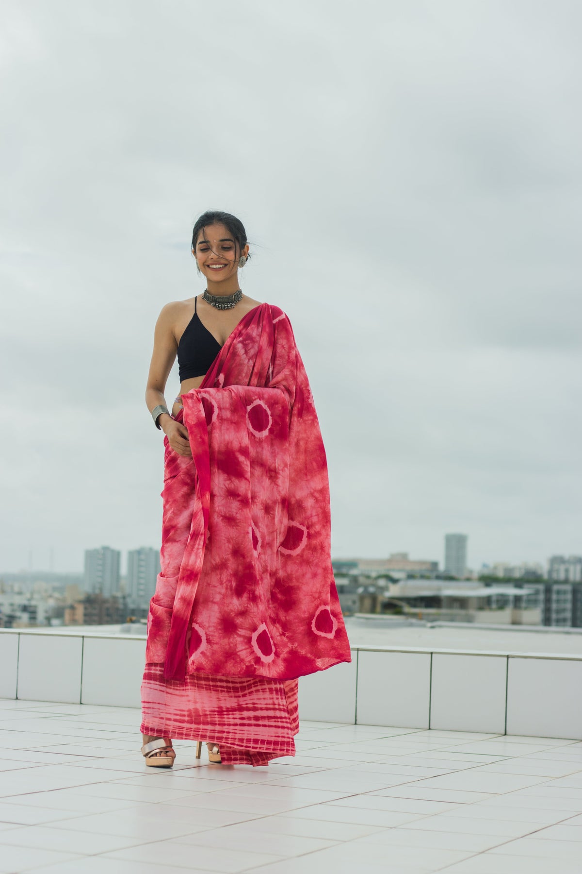 Mul Cotton Tie Dye Hand Block Printed Saree • Wine Magic-1