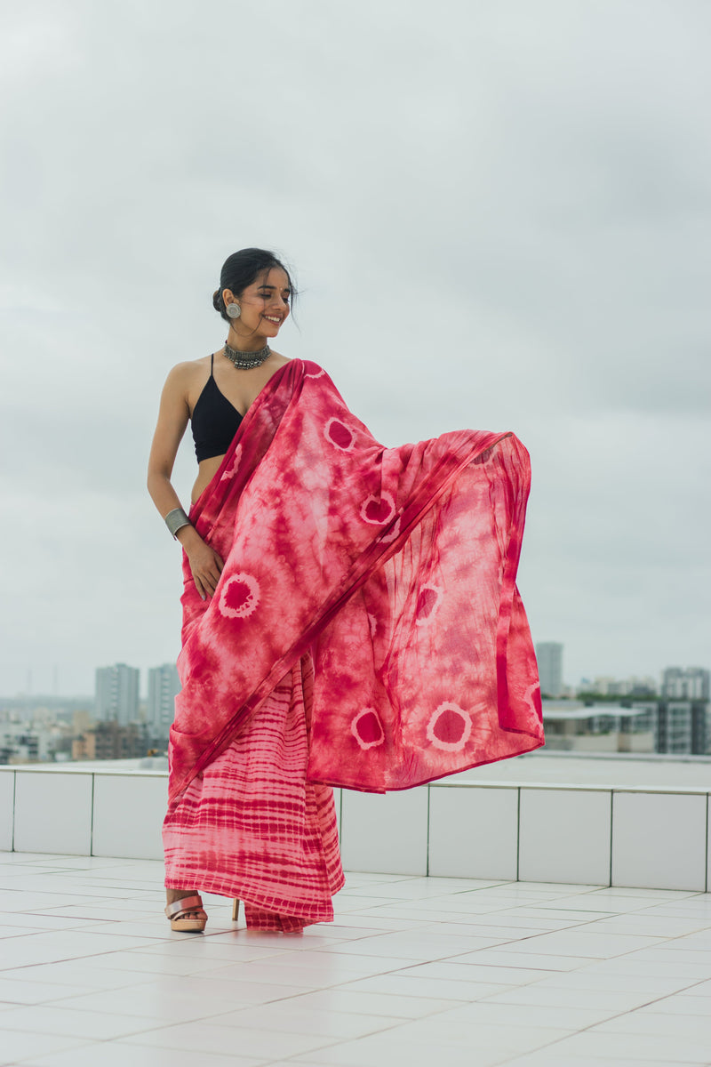 Mul Cotton Tie Dye Hand Block Printed Saree • Wine Magic-6