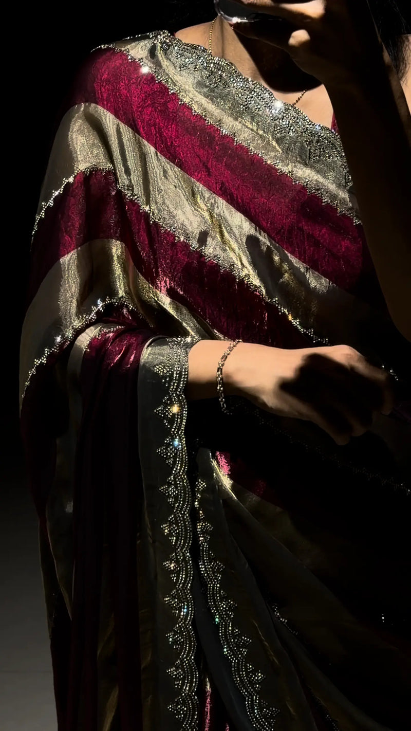 Nazam Royal Maroon Swarovski Designer Saree