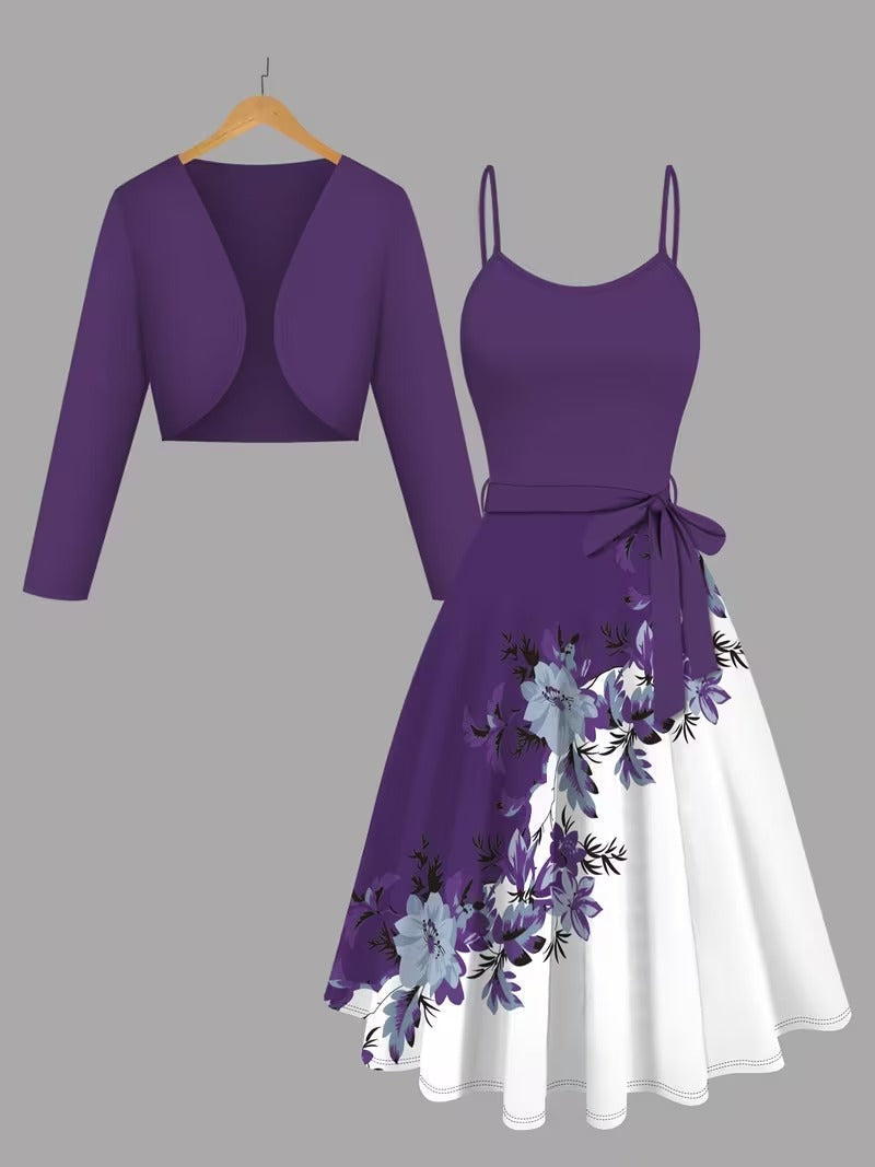 Amara Floral Midi Dress with Shrug | Purple Cardigan Jacket with Floral Suspender Dress Set
