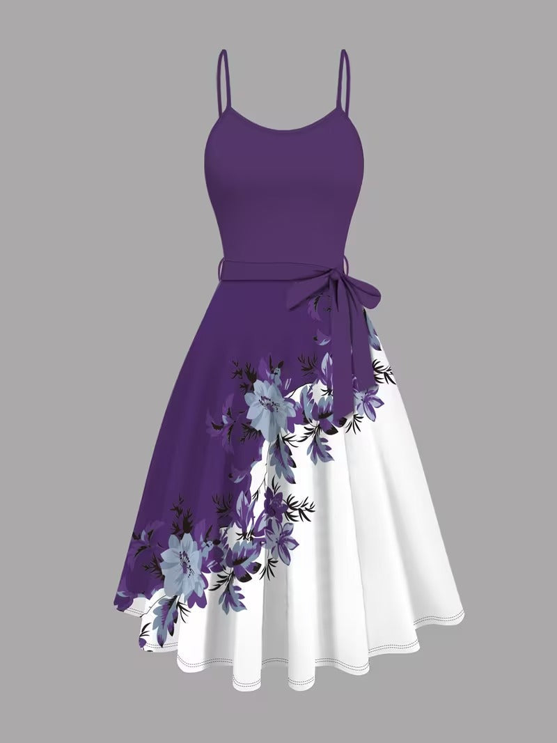 Amara Floral Midi Dress with Shrug | Purple Cardigan Jacket with Floral Suspender Dress Set