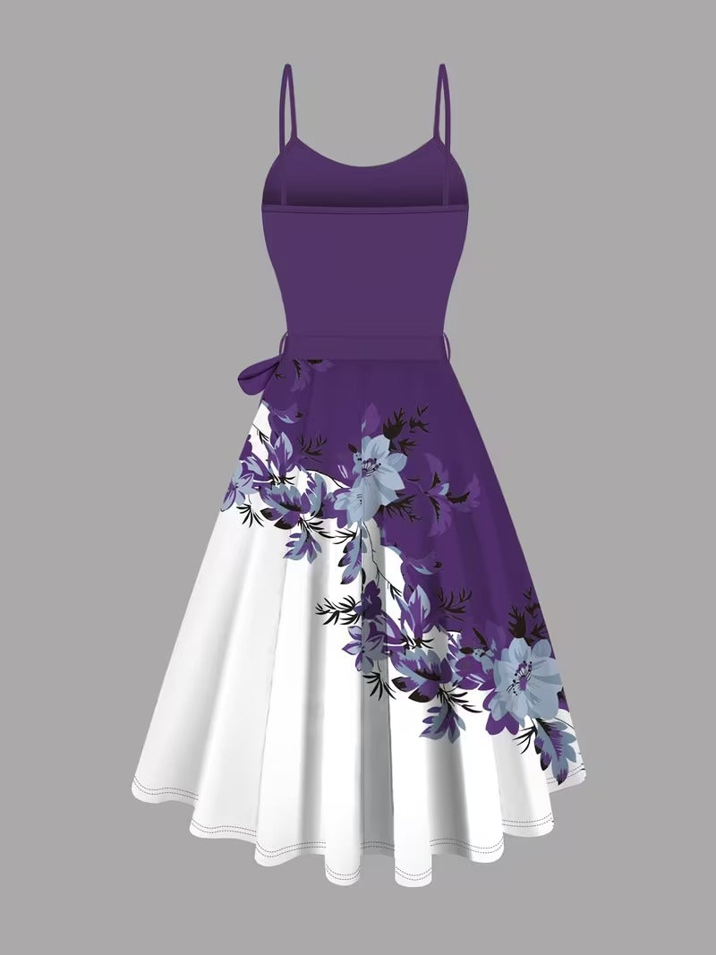 Amara Floral Midi Dress with Shrug | Purple Cardigan Jacket with Floral Suspender Dress Set