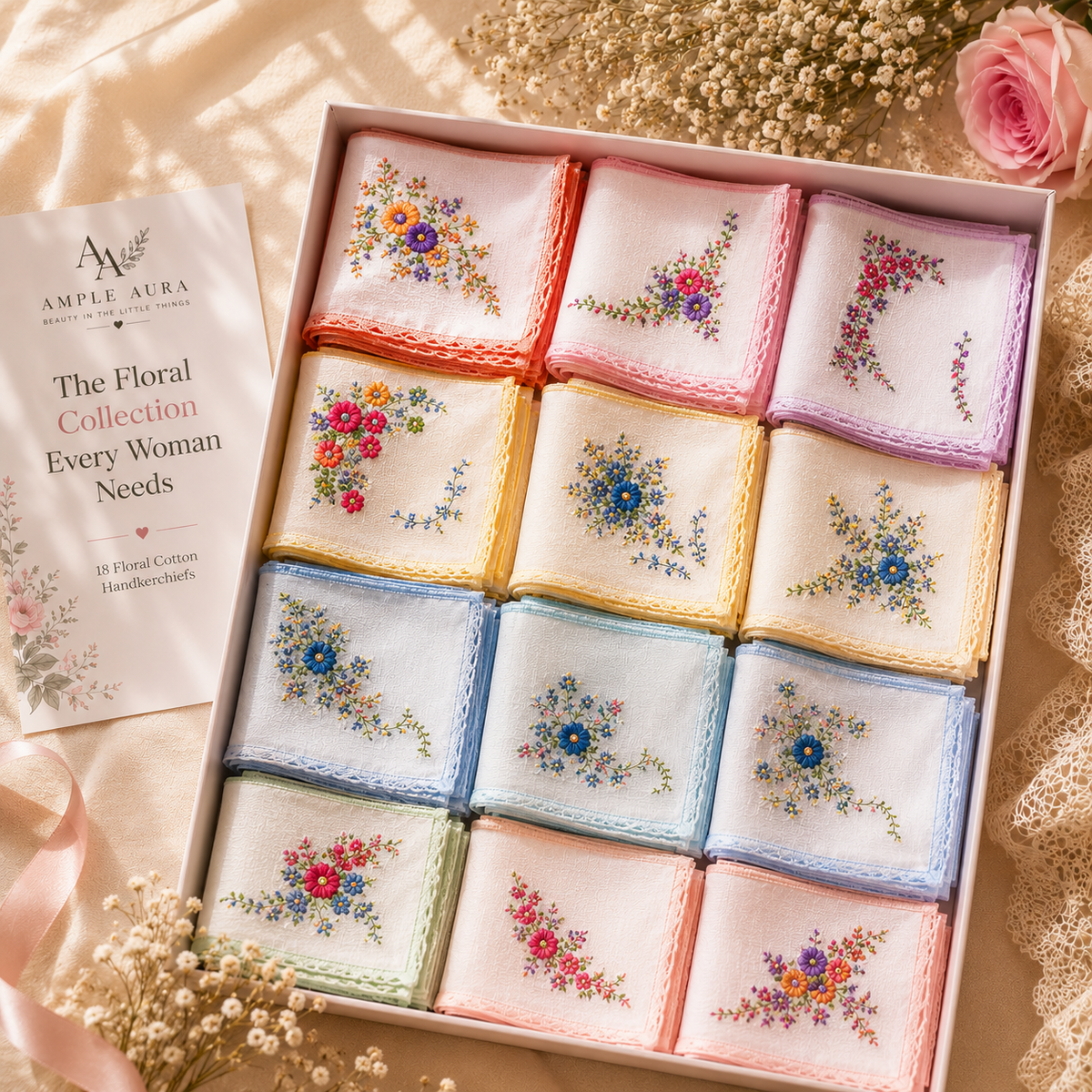 Vintage Floral Printed Handkerchiefs – Pack of 18