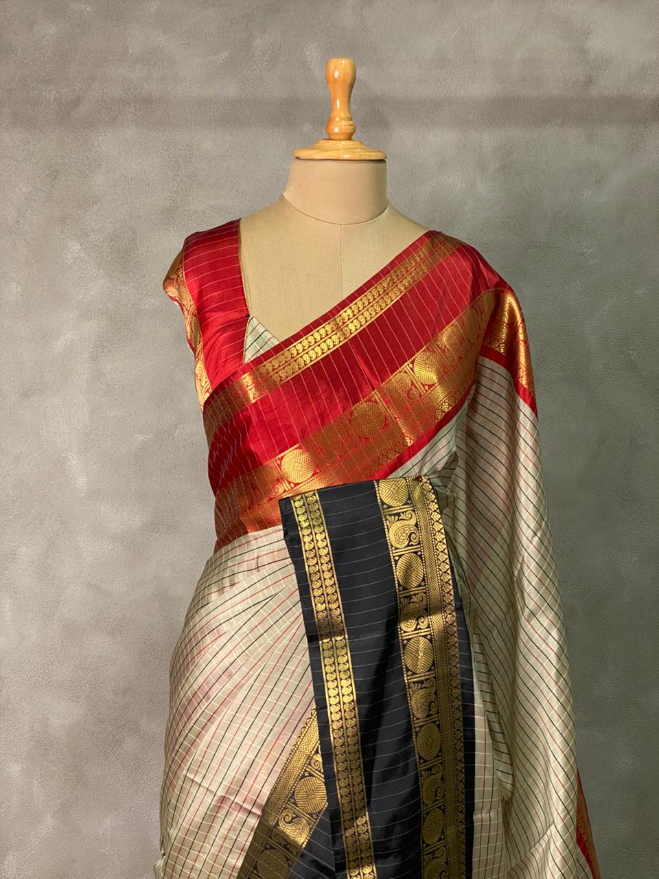 Beige ,Red and maroon silk  saree - PIH1D