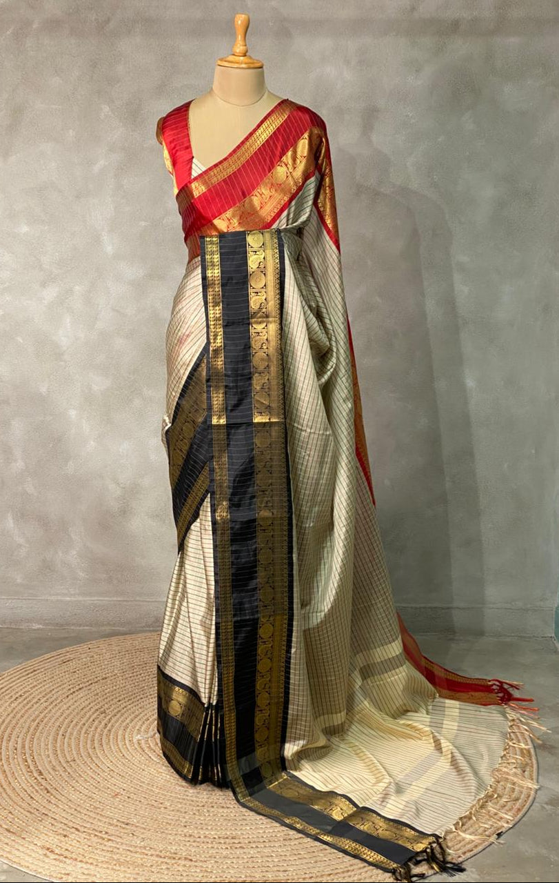 Beige ,Red and maroon silk  saree - PIH1D