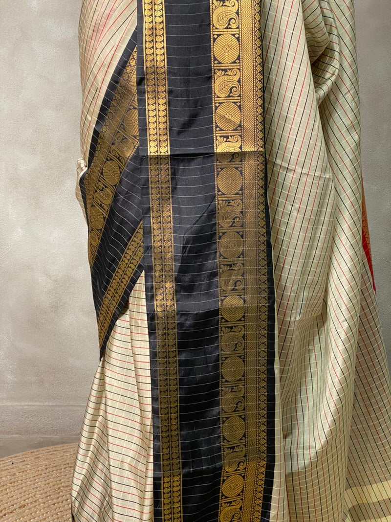 Beige ,Red and maroon silk  saree - PIH1D