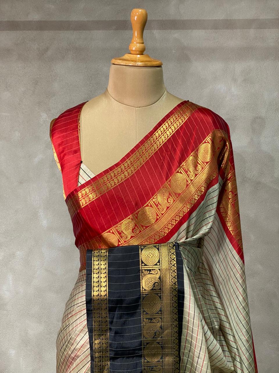 Beige ,Red and maroon silk  saree - PIH1D