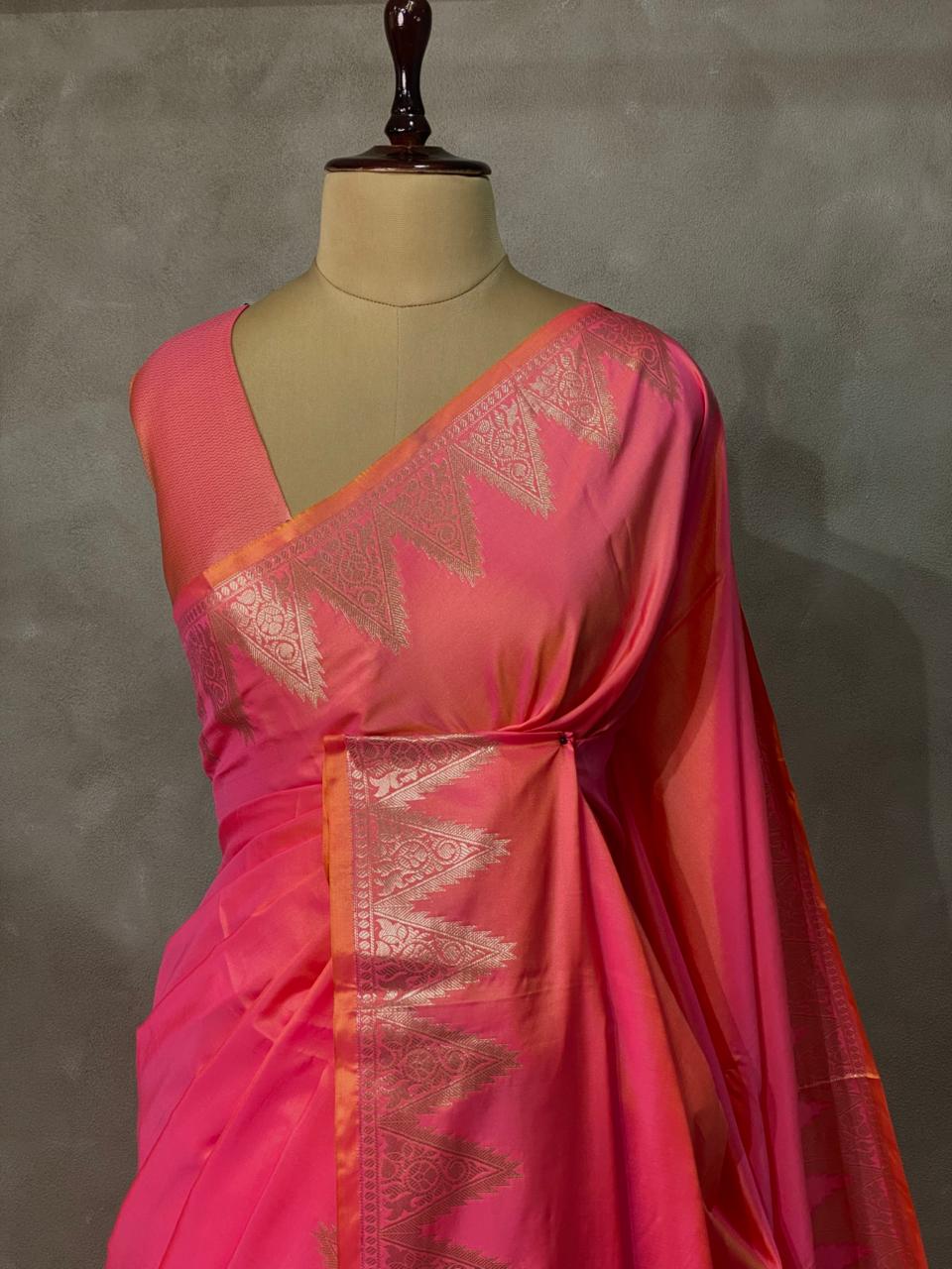 Orangish Pink Semi banarasi silk saree -PIH37B