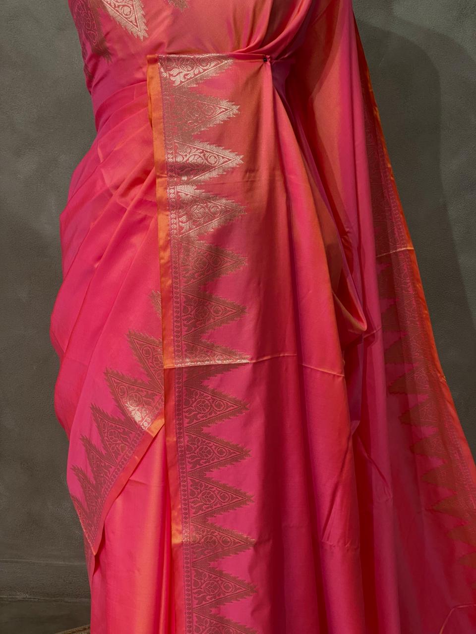 Orangish Pink Semi banarasi silk saree -PIH37B
