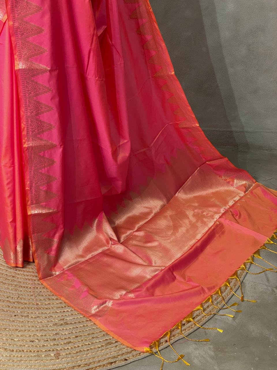 Orangish Pink Semi banarasi silk saree -PIH37B