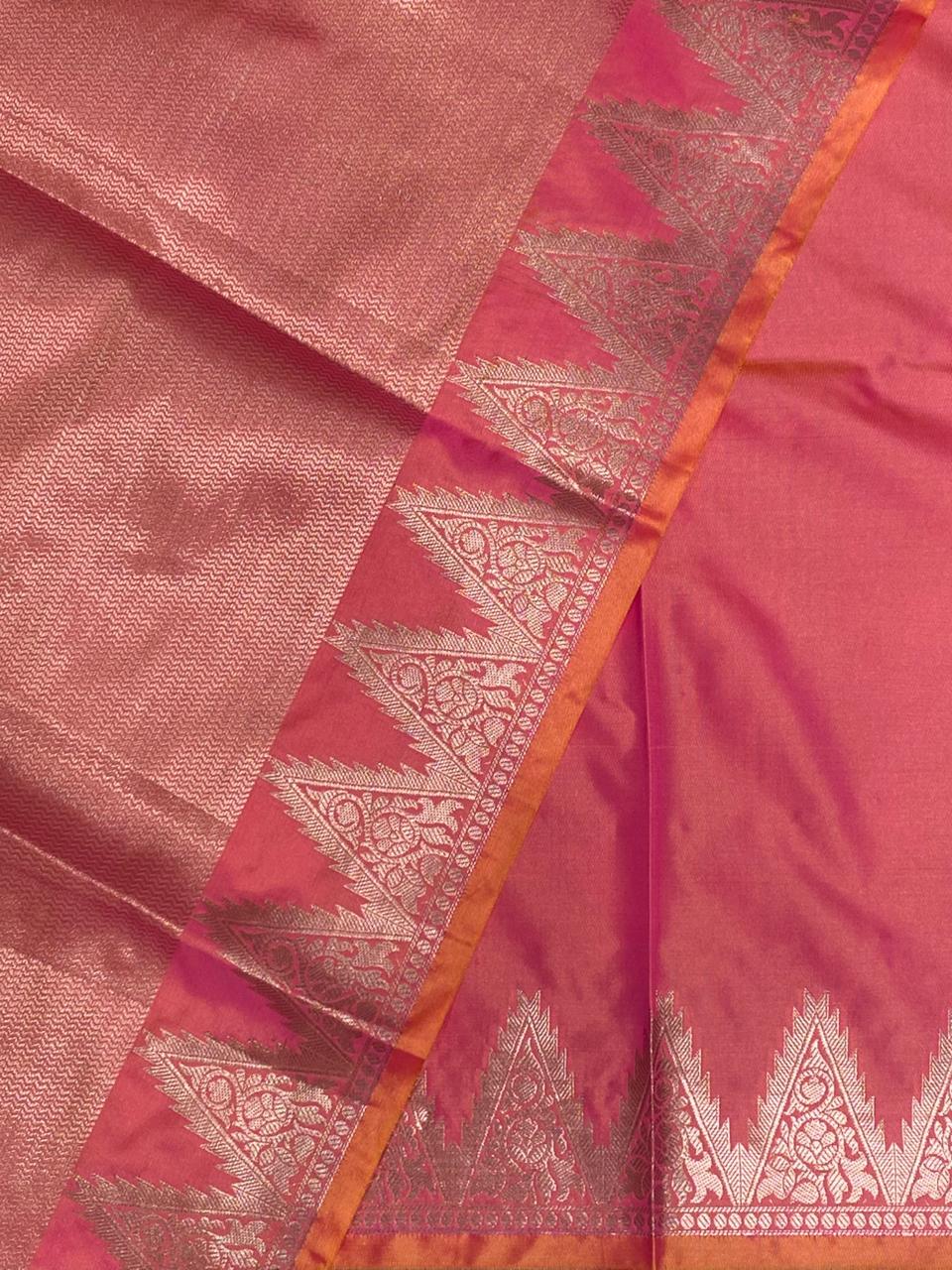 Orangish Pink Semi banarasi silk saree -PIH37B