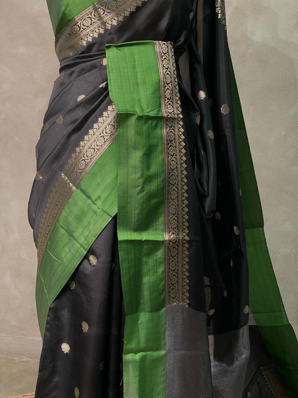 Black and green banarasi silk saree -PMR3E