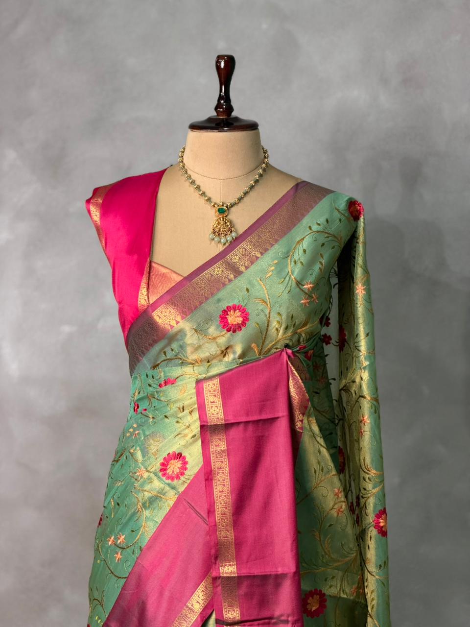 Green and magenta Tissue Banarasi silk saree -PIH69