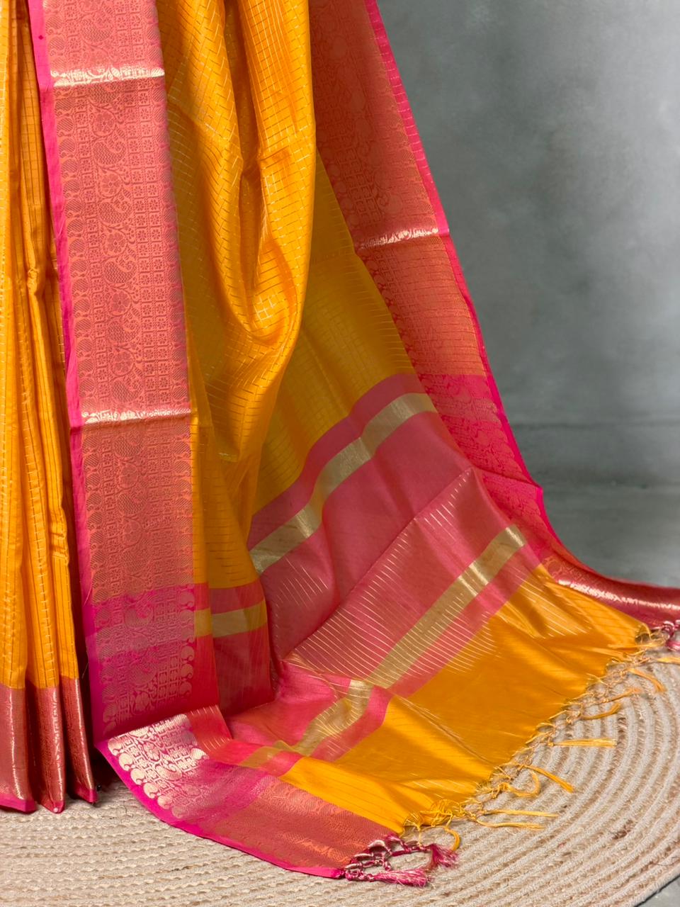 Yellow and Rani pink semi banarasi silk saree- AISHYR