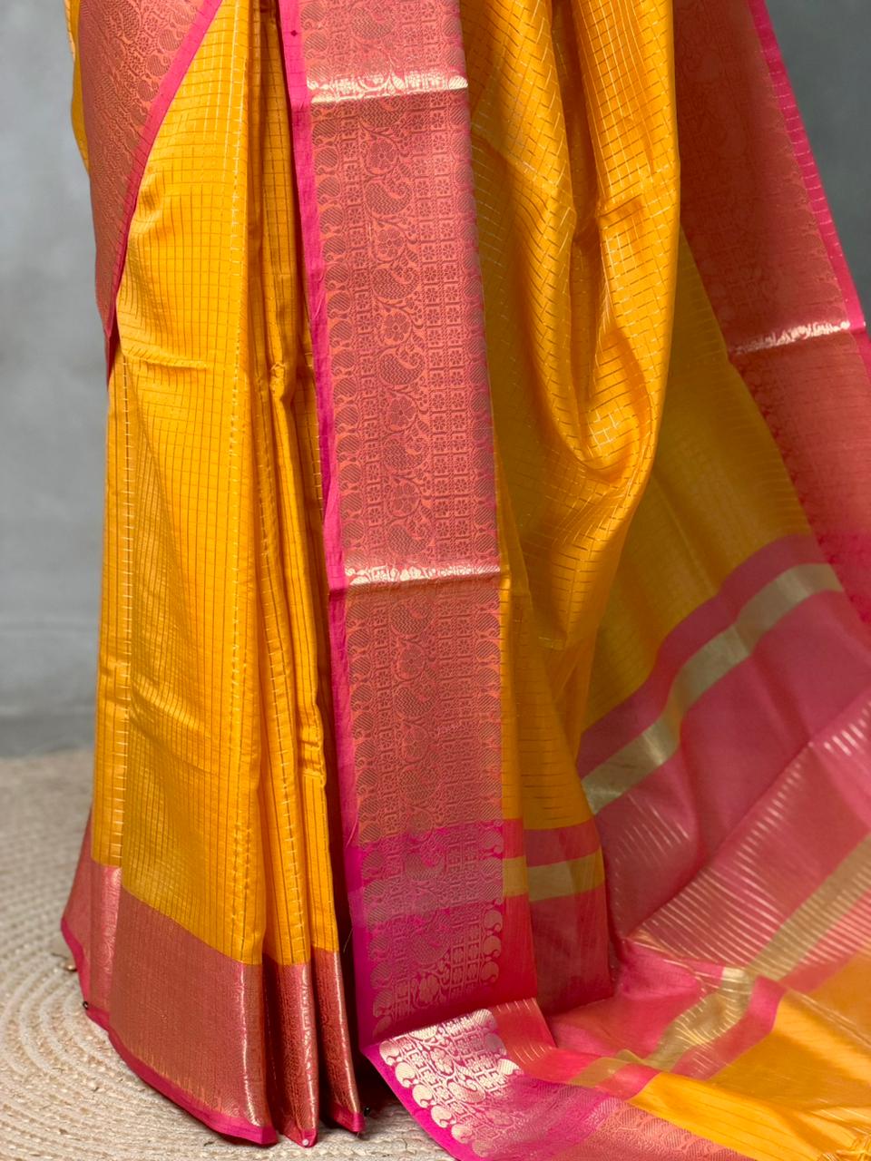 Yellow and Rani pink semi banarasi silk saree- AISHYR