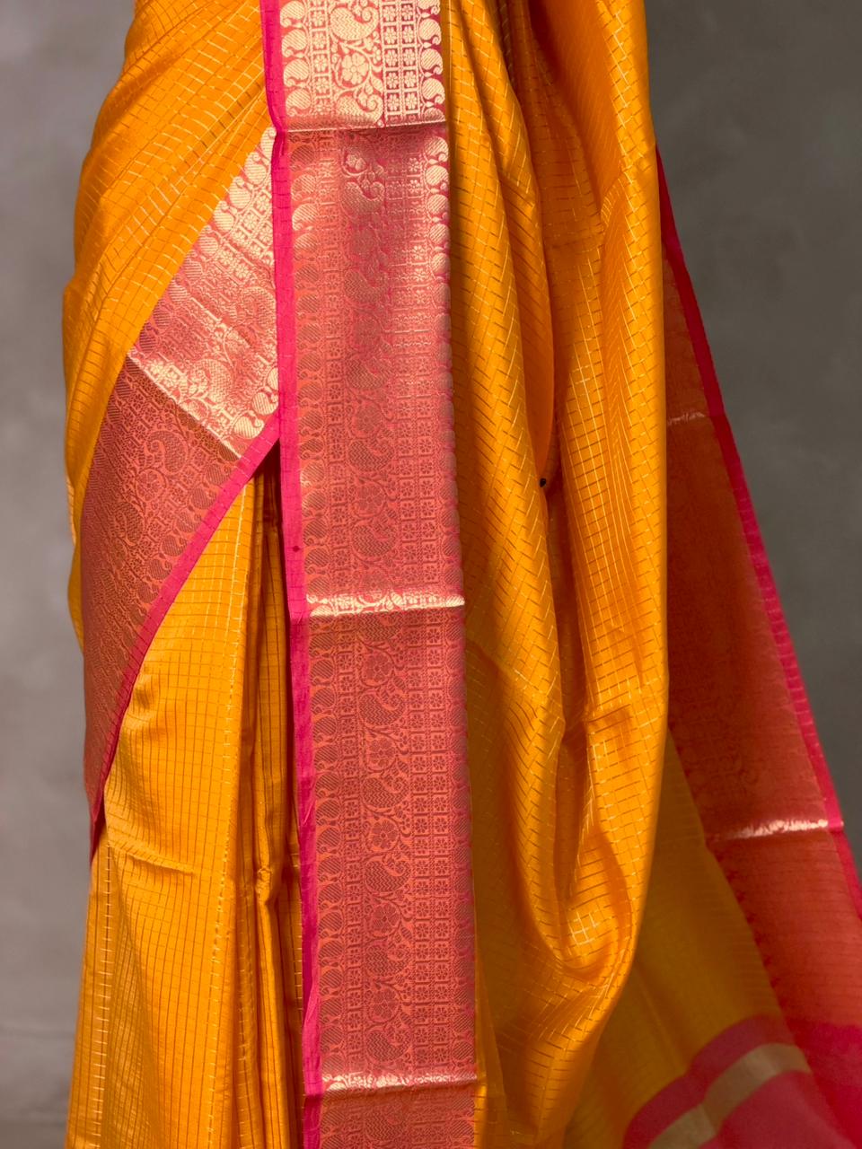 Yellow and Rani pink semi banarasi silk saree- AISHYR