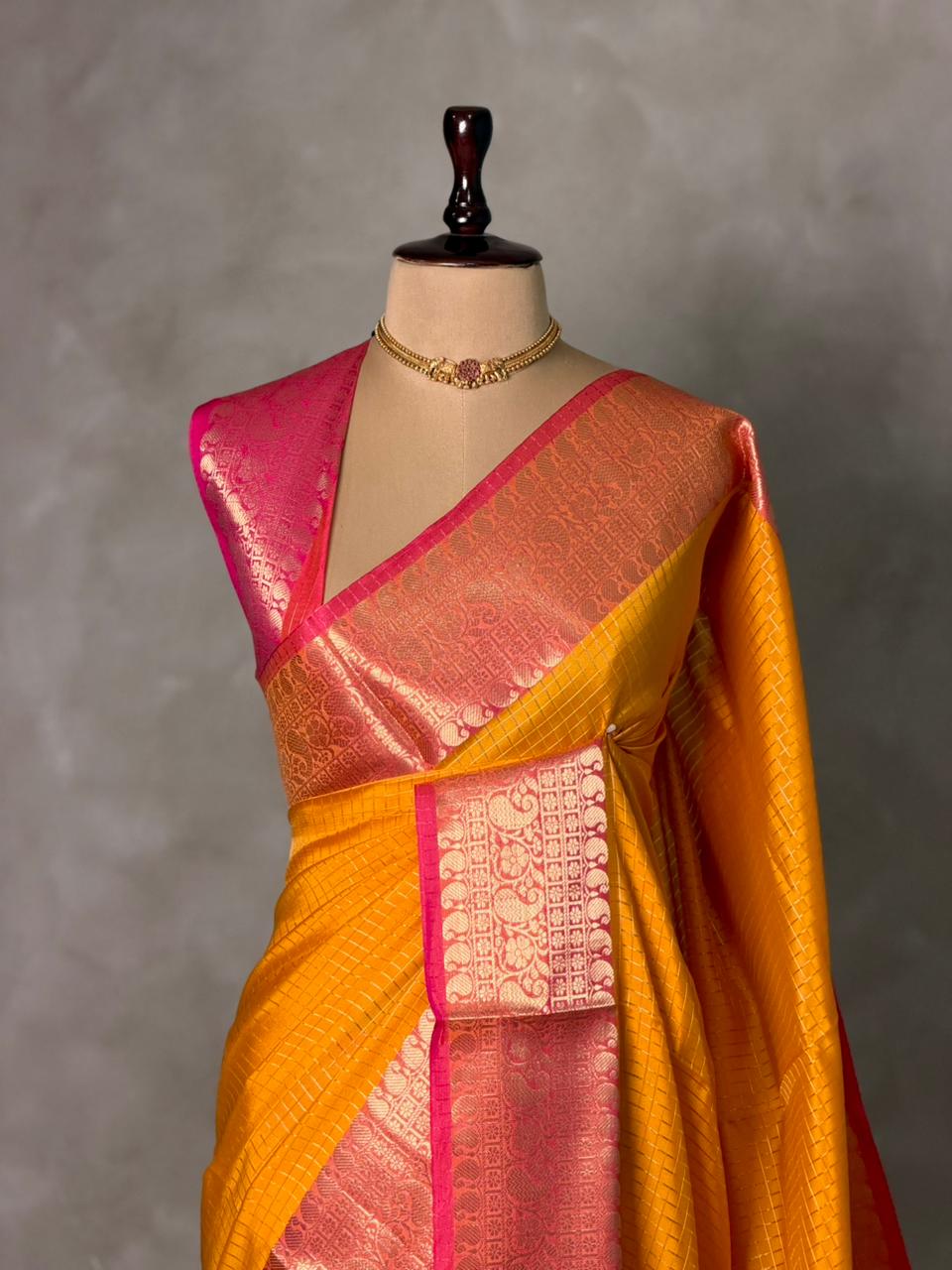 Yellow and Rani pink semi banarasi silk saree- AISHYR