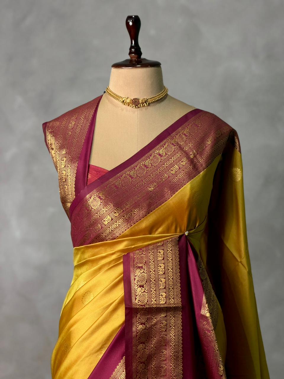 Greenish Yellow and deep purple silk saree -BSP28D