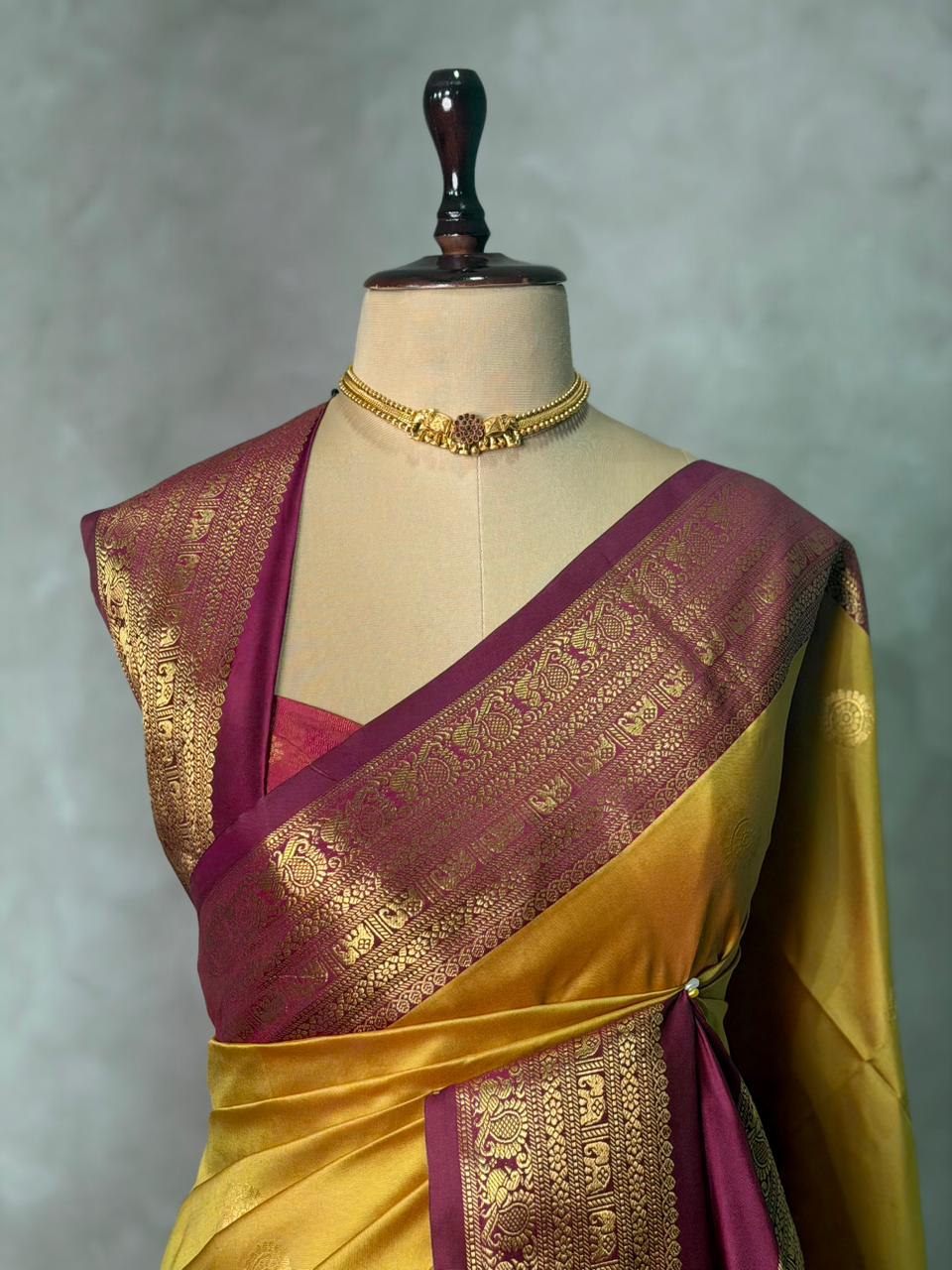 Greenish Yellow and deep purple silk saree -BSP28D