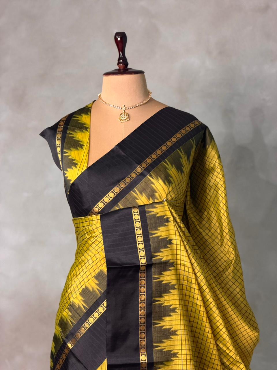 Yellow and Black Banarasi silk saree - PIH84
