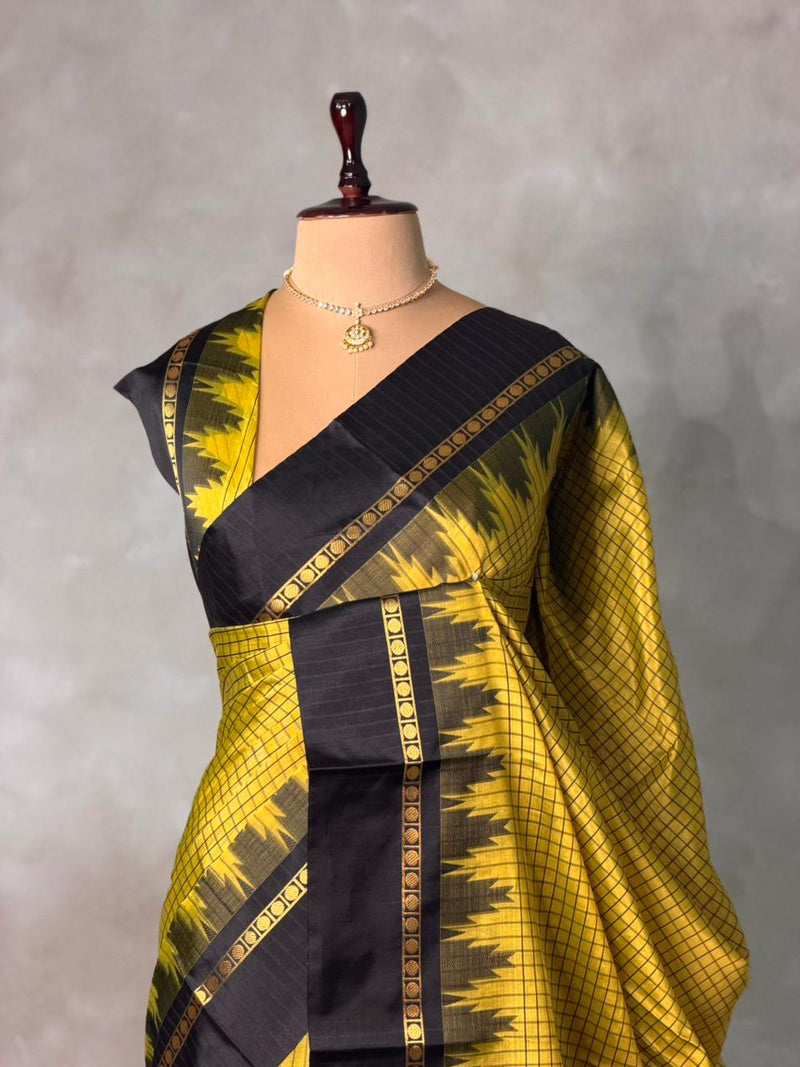 Yellow and Black Banarasi silk saree - PIH84