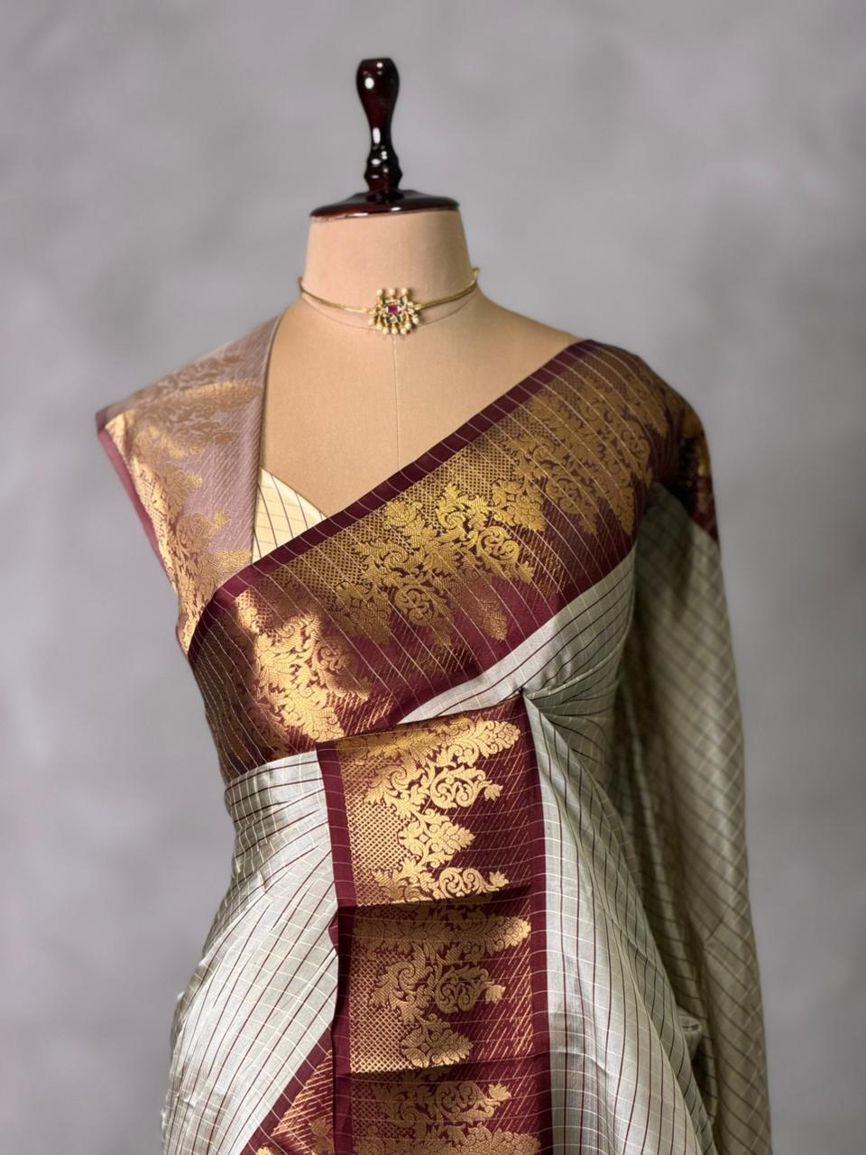 Beige and maroon banarasi silk  saree -LZ9