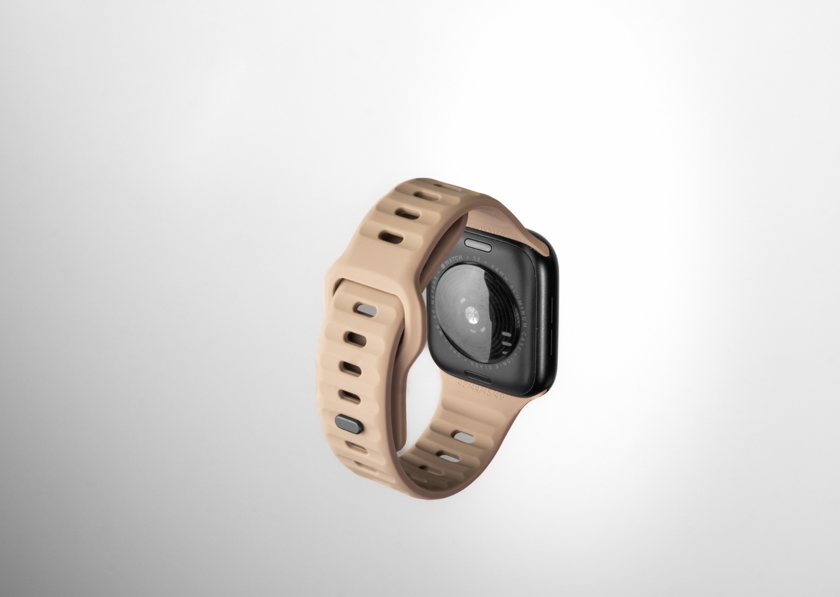 Pale Taupe Brown Rugged Silicone Apple Watch Band with Pin & Tuck Closure.