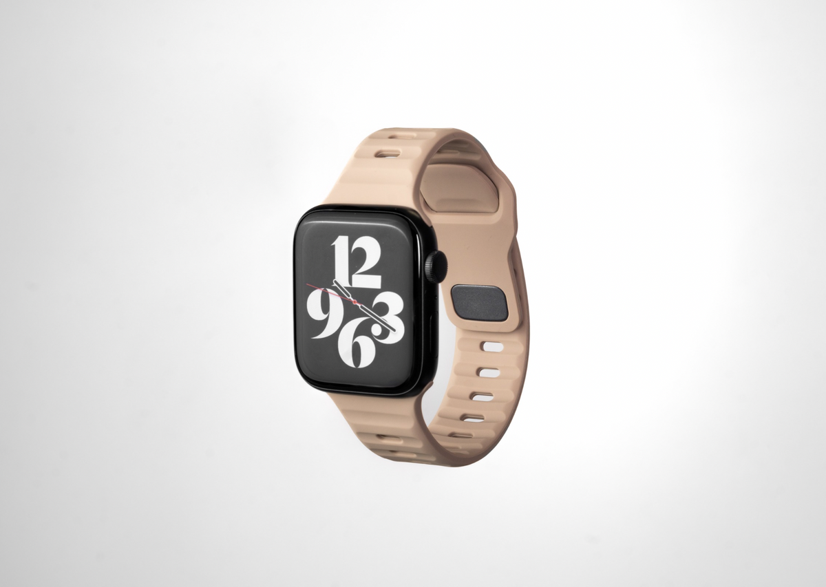 Pale Taupe Brown Rugged Silicone Apple Watch Band with Pin & Tuck Closure.