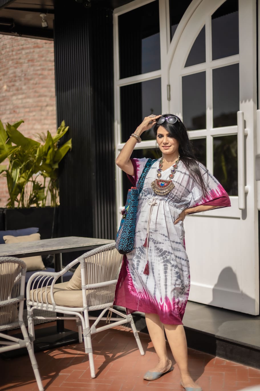 Cotton Mulmul Tie Dye Kaftan Dress · Wine in Steel-1