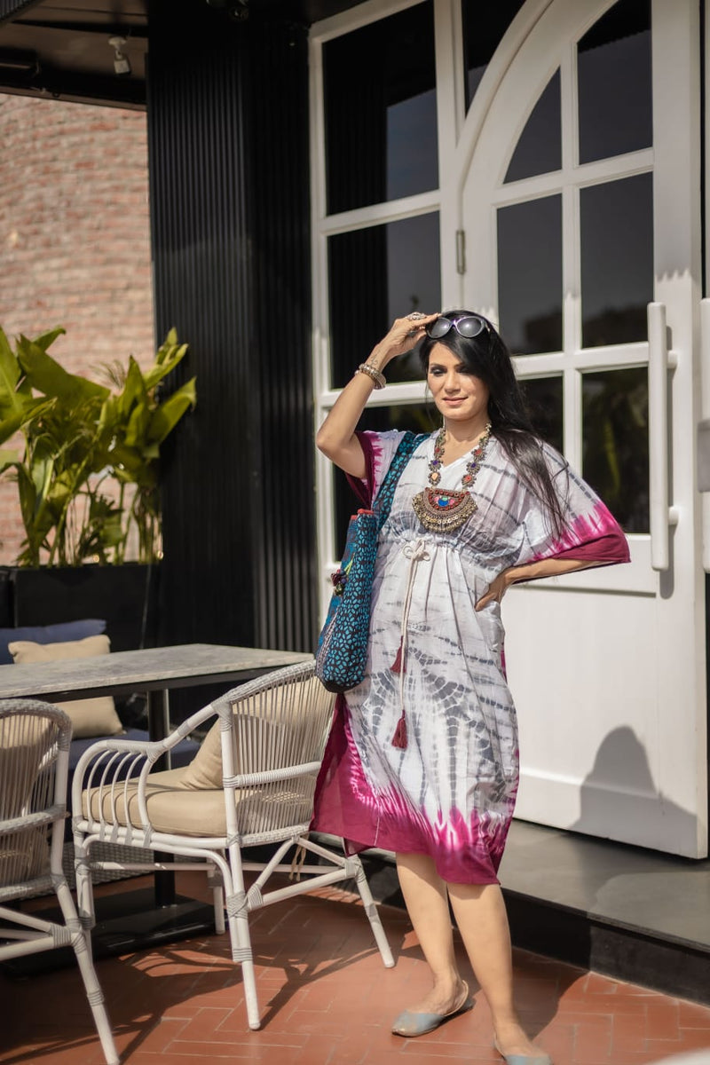Cotton Mulmul Tie Dye Kaftan Dress · Wine in Steel-1