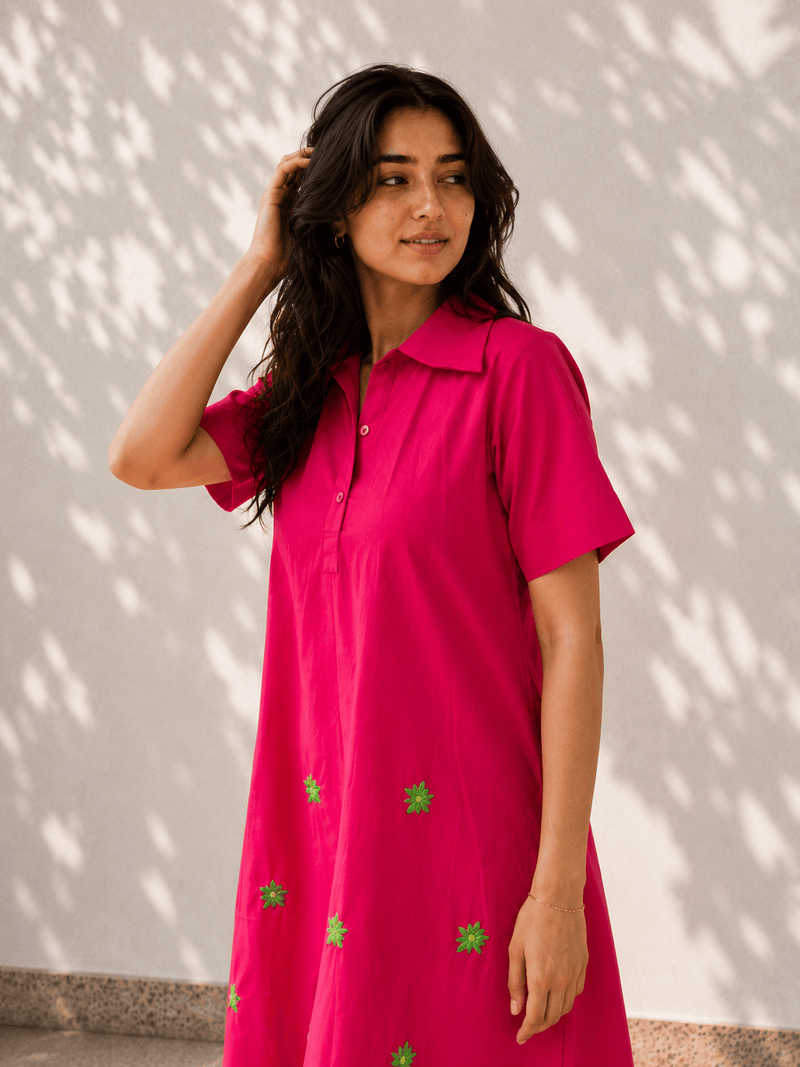 Pink Flower Embroidered Cotton Dress