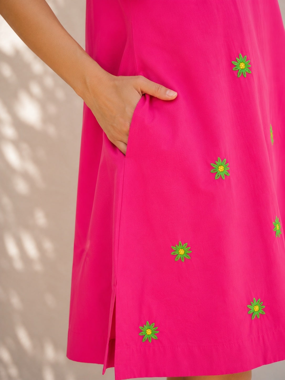 Pink Flower Embroidered Cotton Dress