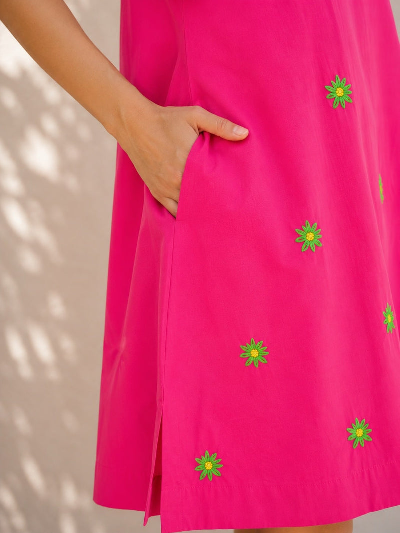 Pink Flower Embroidered Cotton Dress